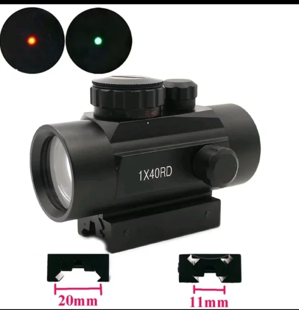 Red dot sight with a black anodized body, showing two LED indicators (red and green) and adjustment knobs; front lens on the left and mounting rail compatible base visible; labeled 1X40RD with 20mm and 11mm mounting diagrams.