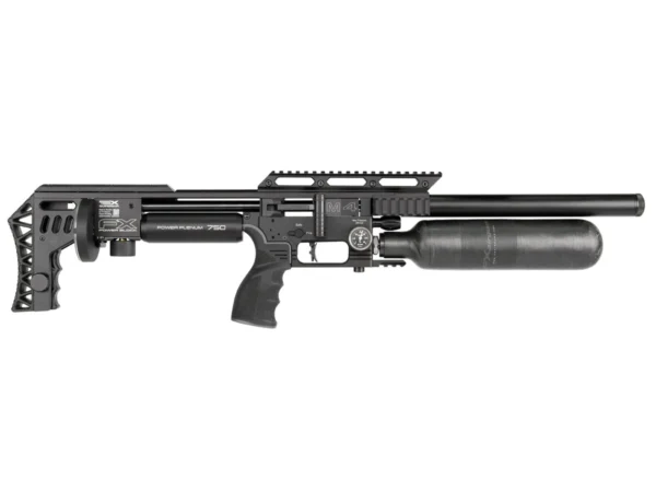 Side view of a black tactical air rifle with an external air tank and Picatinny rails on top and a folding stock