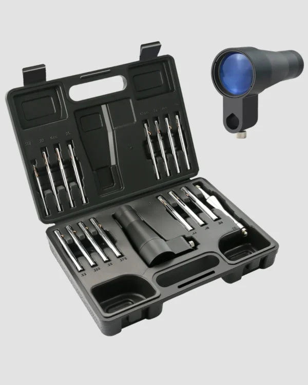 Open black toolkit case with rows of precision drill bits and driver bits, plus a cylindrical attachment in the lid area.