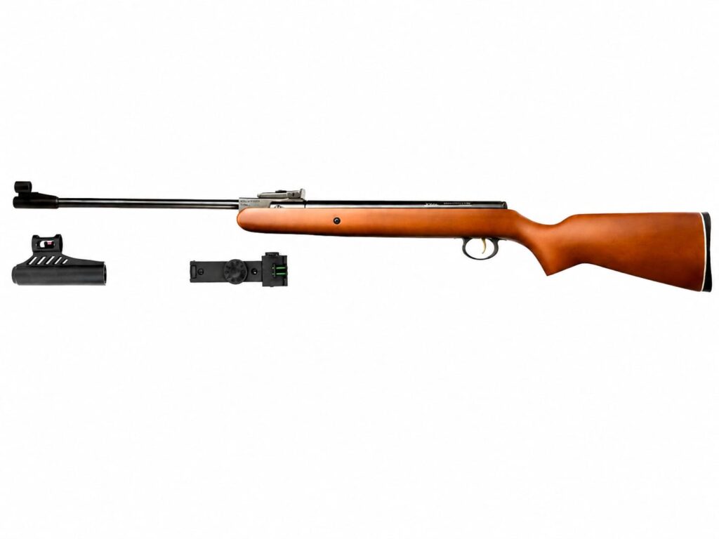 Disassembled bolt-action rifle with a wooden stock, long barrel, and separate components (bolt, magazine, and sight) on white background