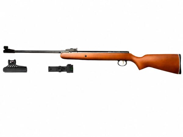 Disassembled bolt-action rifle with a wooden stock, long barrel, and separate components (bolt, magazine, and sight) on white background