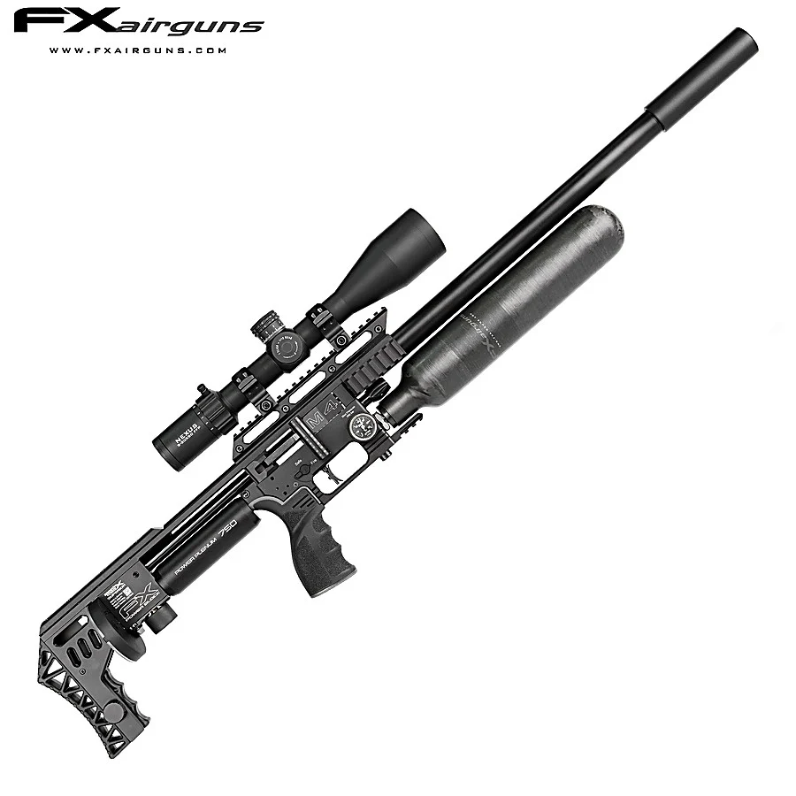 Precision air rifle with scope and large suppressor on a white background, angled diagonally.