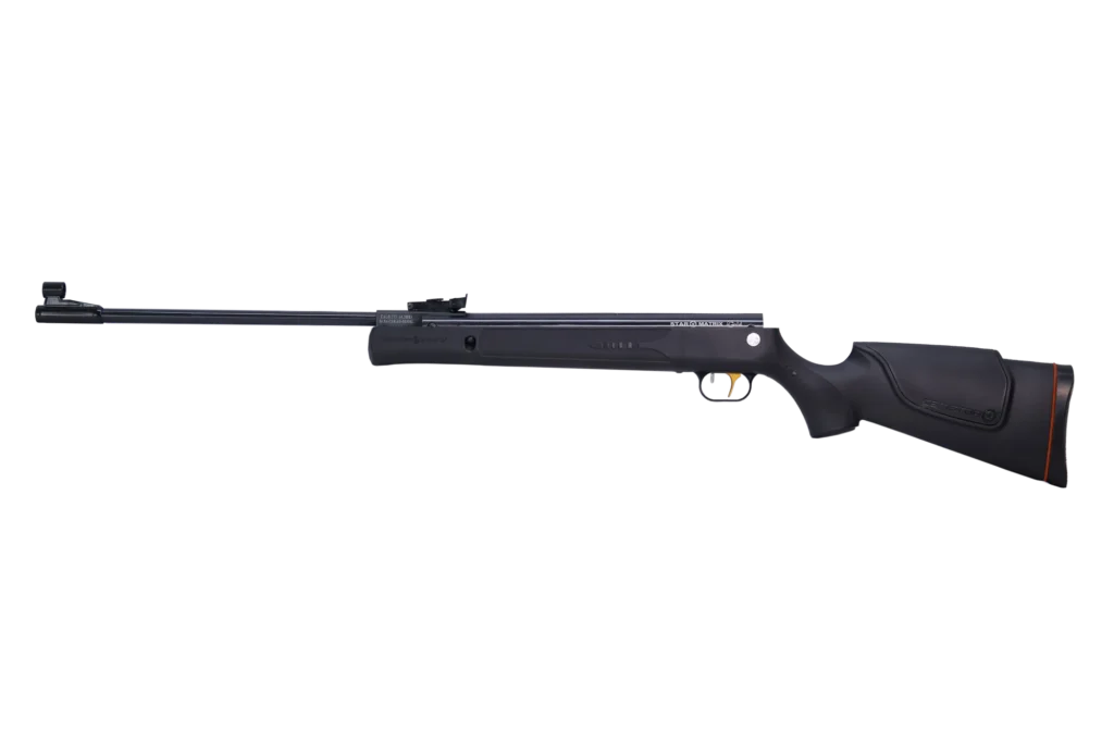 Long black air rifle with scope, left-facing barrel and ergonomic stock on a transparent background, showing sights and grip.