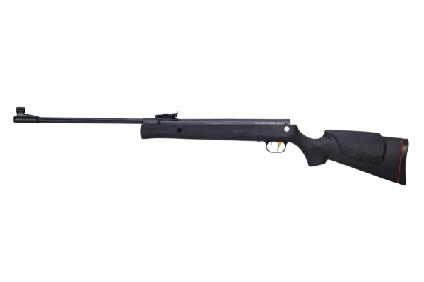 Long black air rifle with scope, left-facing barrel and ergonomic stock on a transparent background, showing sights and grip.