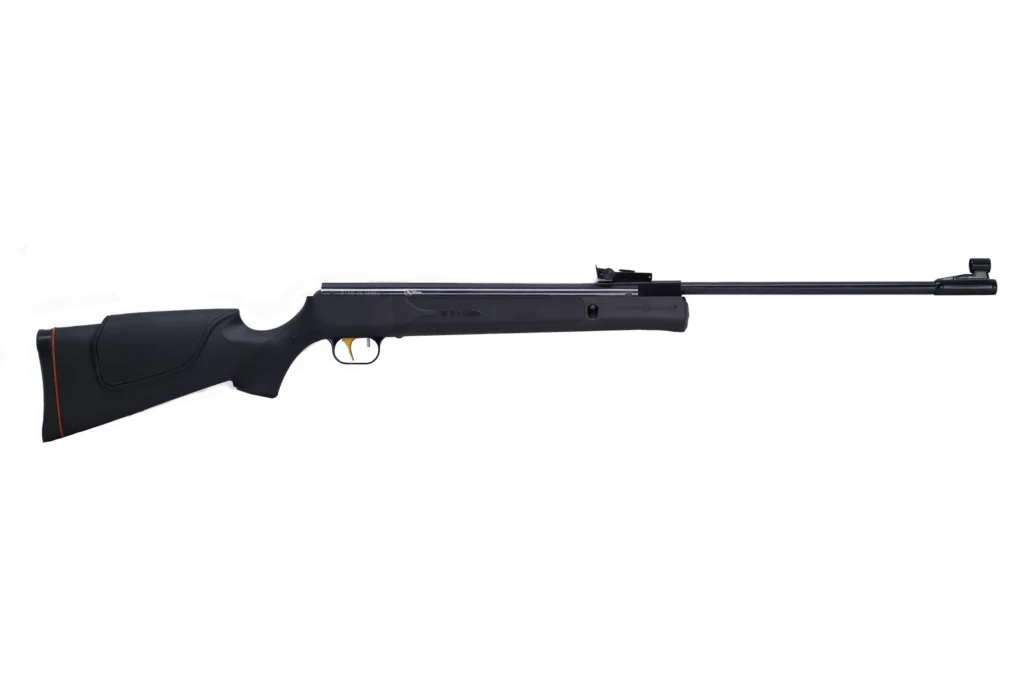 Long, black bolt-action rifle shown in profile with a synthetic stock and a long barrel, equipped with a mounting rail and rear sight.