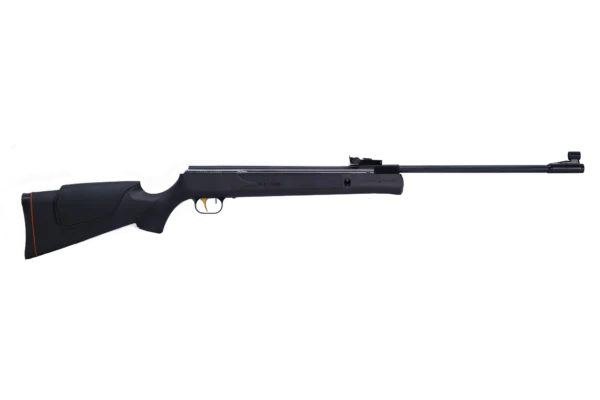 Long, black bolt-action rifle shown in profile with a synthetic stock and a long barrel, equipped with a mounting rail and rear sight.