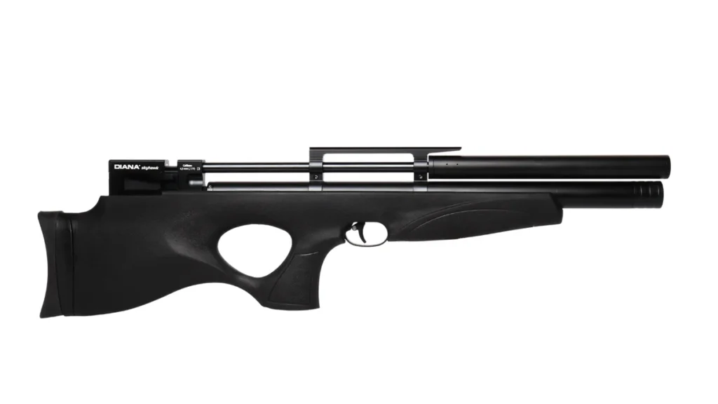 Black air rifle with a long barrel and ergonomic synthetic stock on a white background.
