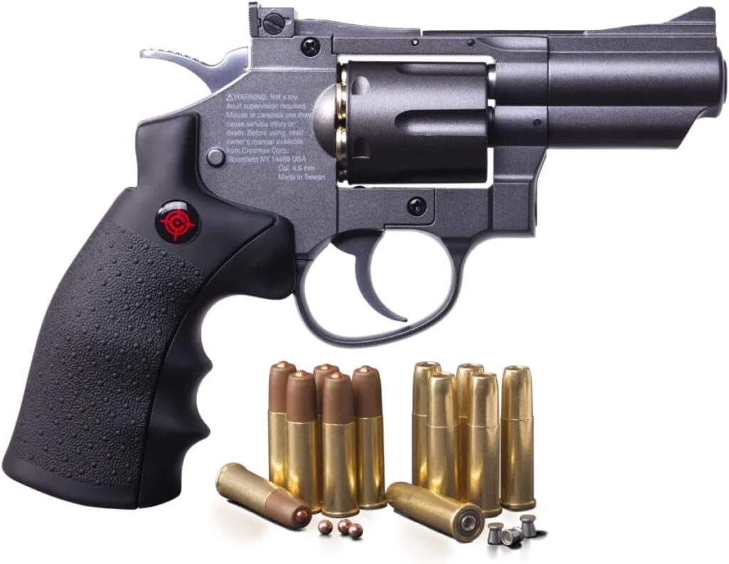 Black revolver with a textured grip, shown with brass cartridges and loose bullets arranged below.