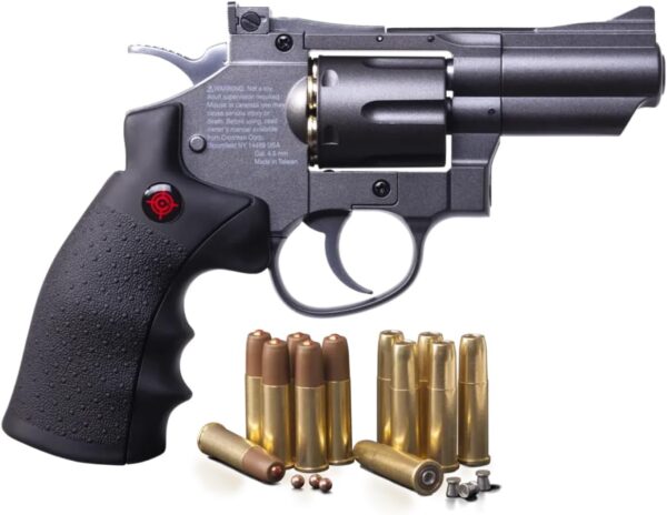 Black revolver with a textured grip, shown with brass cartridges and loose bullets arranged below.
