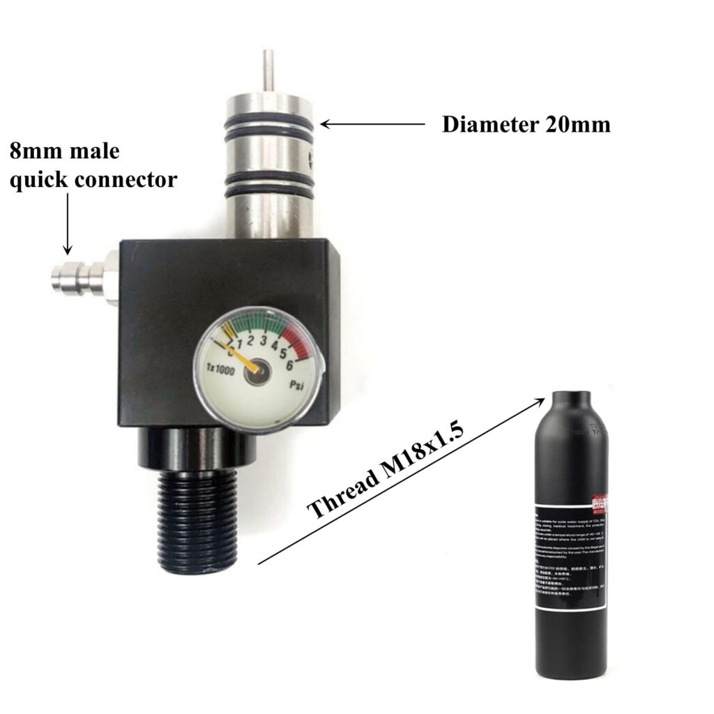 Pressure regulator with gauge and left-side quick-connect fitting (8mm male); annotated diameter 20mm and thread M18x1.5.