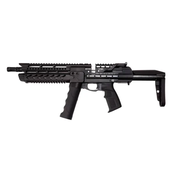 Black modular assault rifle with a foregrip, rail system, and adjustable stock.