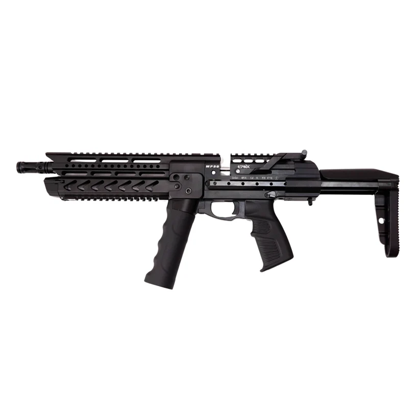 Black modular assault rifle with a foregrip, rail system, and adjustable stock.