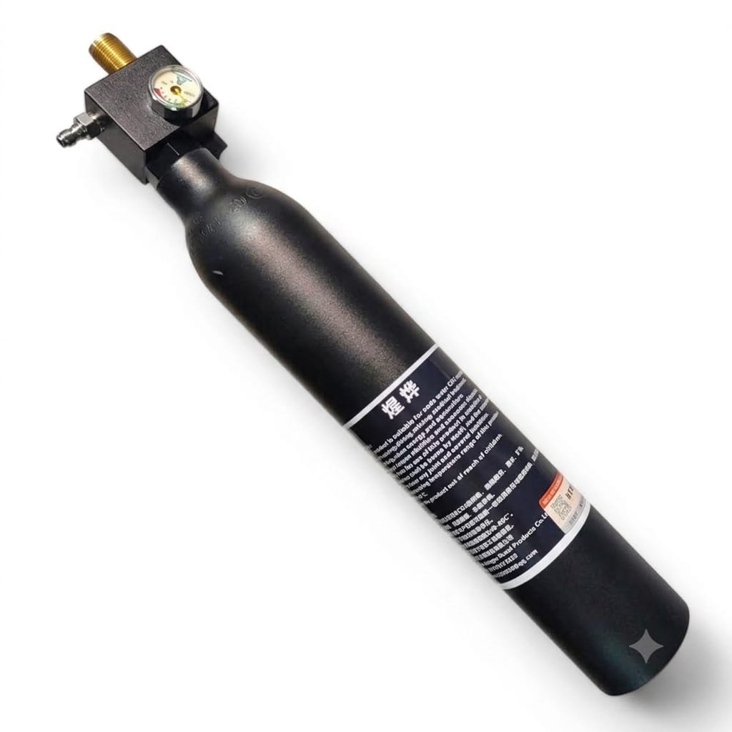 Black gas canister with brass regulator and pressure gauge attached, angled on a white background.
