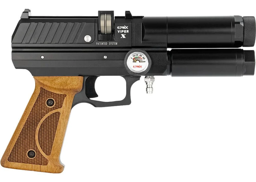 Black pneumatic pistol with a long scope and wooden grip, shown from the side.