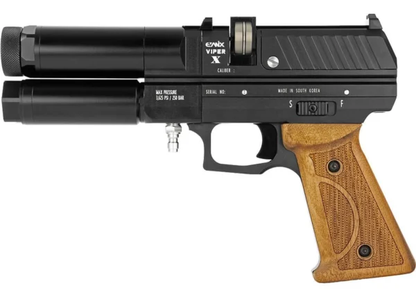 Black handgun-style air pistol with a long cylindrical suppressor attachment and textured wooden grip, viewed from the side.