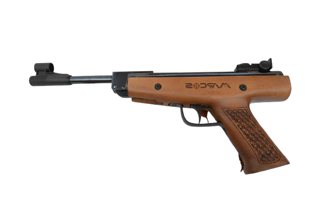 Side view of a small break-barrel air pistol with a wooden grip and black metal barrel.