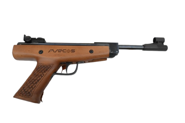 Wooden-stock air rifle with iron sights, facing right; MARCOS branding on the stock.