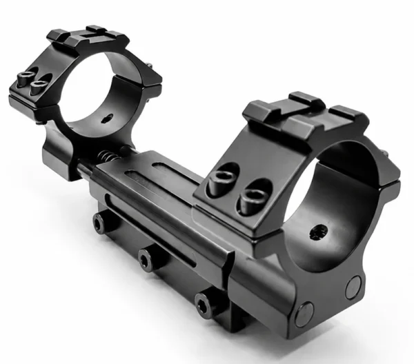Black dual-ring rifle scope mount with a central rail for optics attachment, shown at an angle