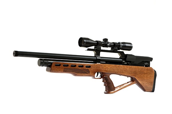 Precision air rifle with a wooden stock and mounted scope, shown in side view.