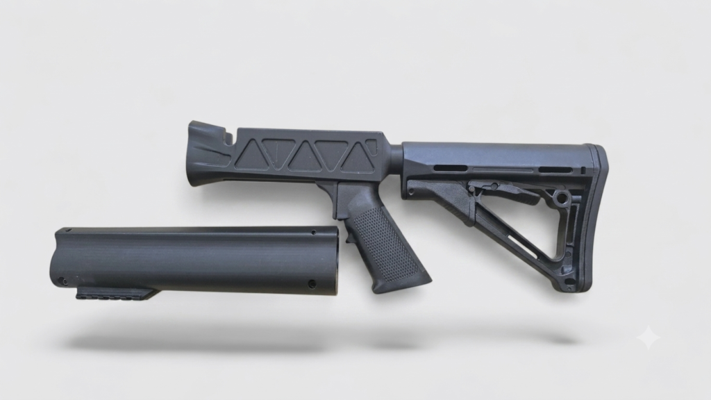 Modular rifle stock components laid out: pistol grip, adjustable buttstock on the right, and a separate fore-end tube on the left against a light background.