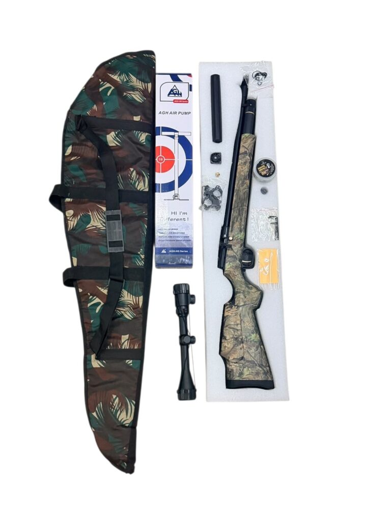 Camouflage air rifle kit with scope, bipod, and accessories laid out beside a camo carrying bag.