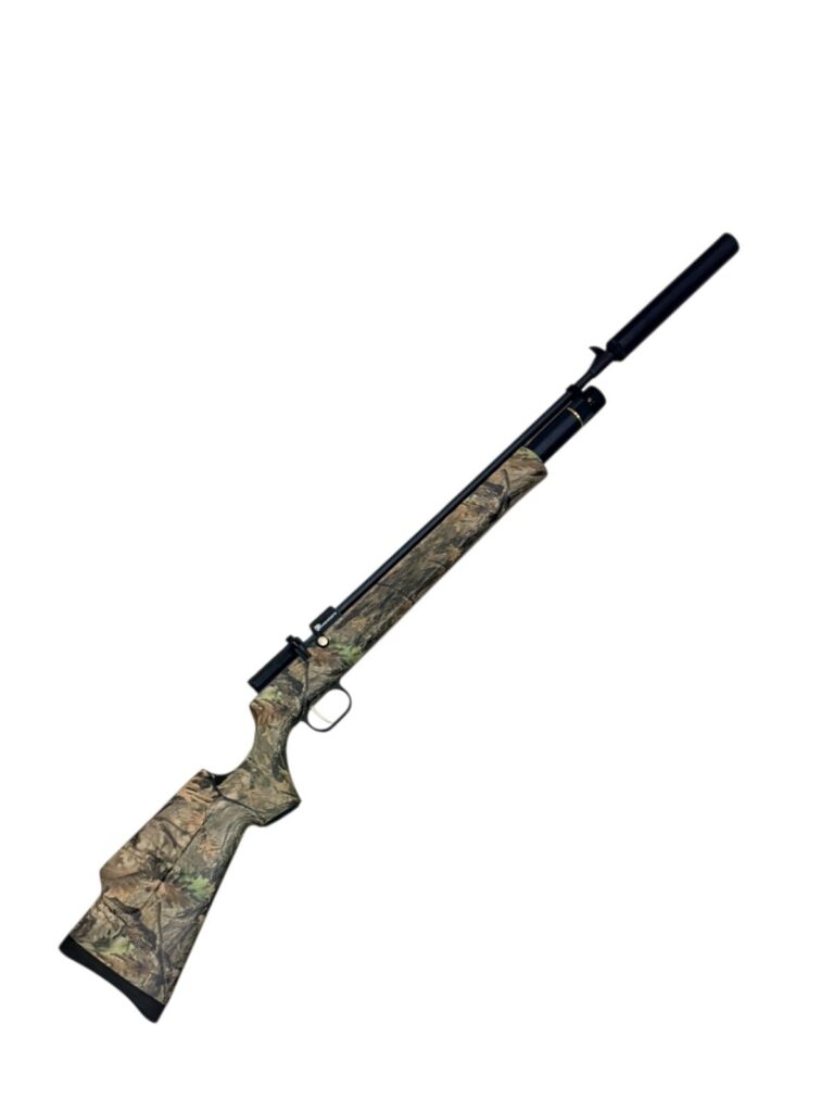 Camouflage-pattern bolt-action hunting rifle with a black suppressor on white background
